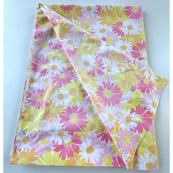 Vintage 70s flat/top bedsheet, pink orange yellow floral, twin size, Pequot - Picture 6 of 9